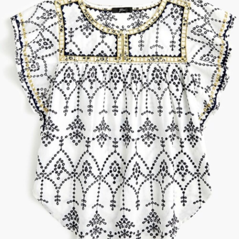 J. Crew Embroidered Eyelet Flutter Top Blouse Shirt White Black Gold Small